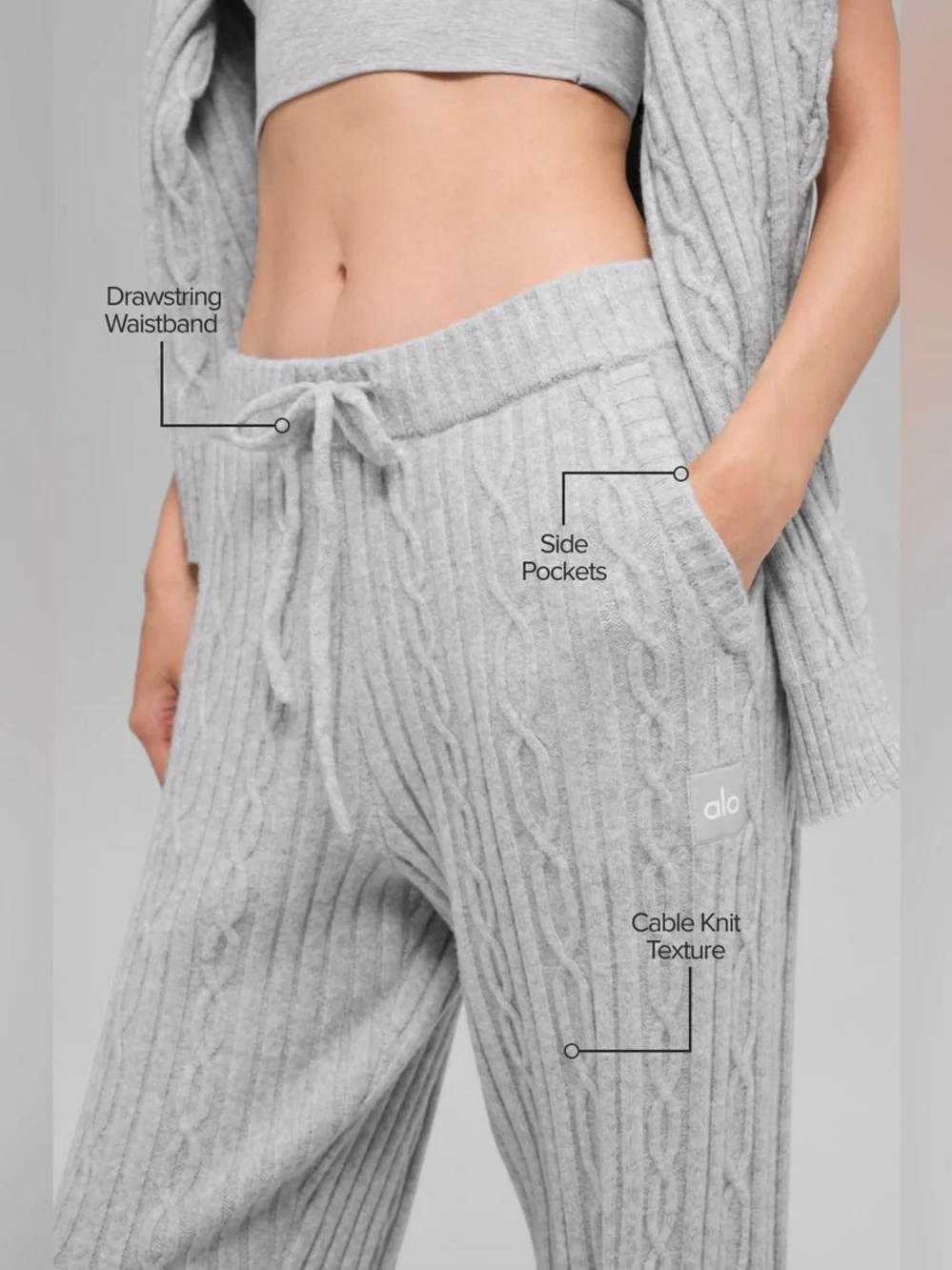 ALO Yoga Cable Knit Winter Bliss Hoodie and Joggers in Athletic Heather Gray